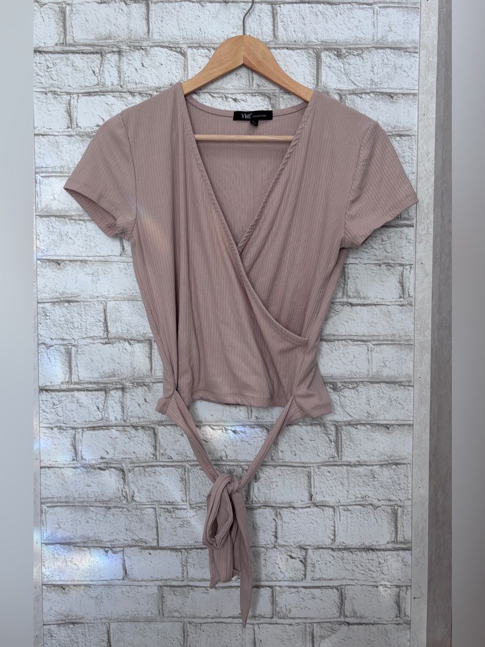 JM Collection Beige Ribbed Wrap Tie Front Crop Top